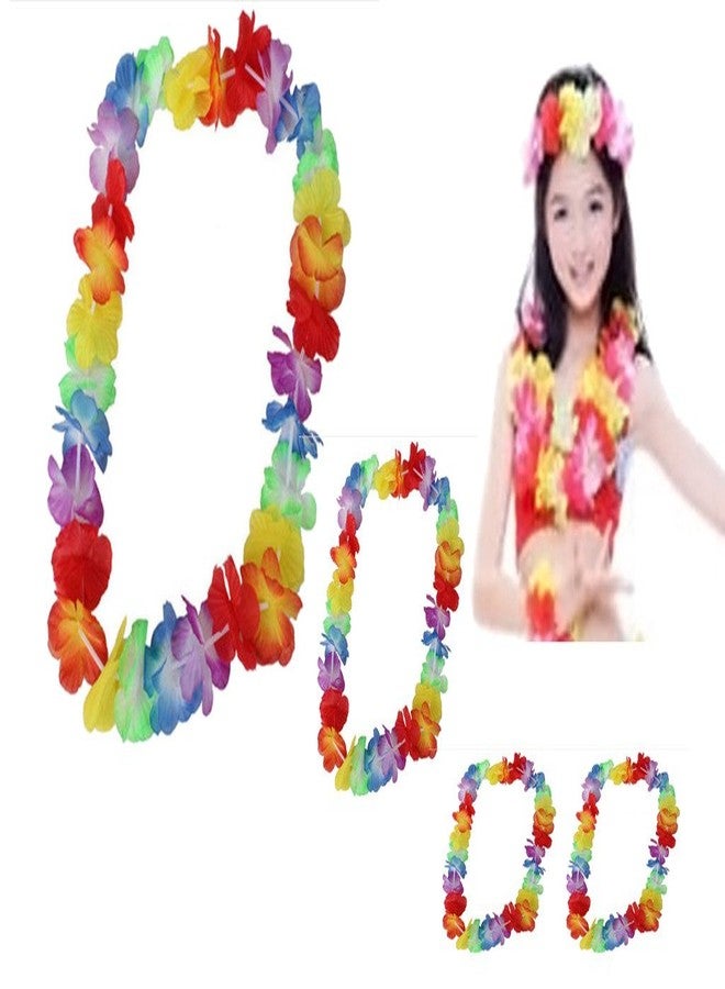 evisha Hawaiian Hula Garland/Pool Party Set of 4pcs (1 Garland,1 Tiara,2 Bracelet)- Multi Color - Image 1